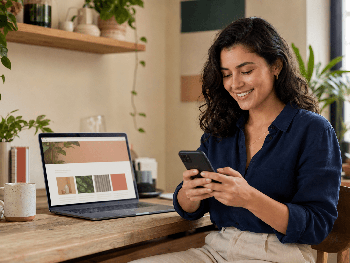 A business owner using her phone beside a laptop displaying her website